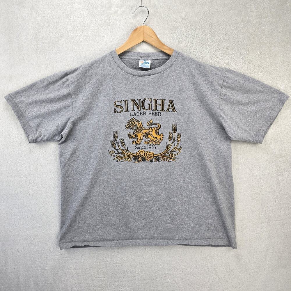 Vintage Singha Lager Beer Shirt Mens XL Gray Thailand Beer Brewery Graphic Tee